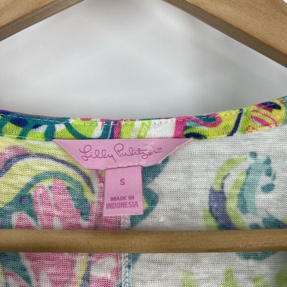 Lilly Pulitzer T Shirt Size Small Pink Green Knit Linen Casual Top Print Beachy - Picture 3 of 9